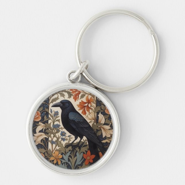 Porte-clés Elégant corbeau noir William Morris Inspiré Floral (Devant)