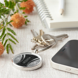 Porte-clés Élégant Damas Florales Noir Et Argent