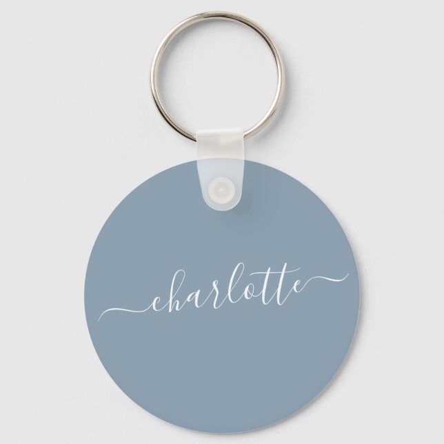Porte-clés Elégant Dusty Blue Script Moderne Nom Personnalisé (Recto)