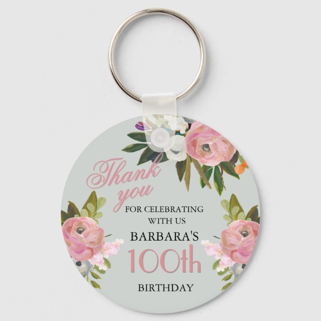 Porte-clés Elegant Floral 100th Birthday Party Favor (Recto)