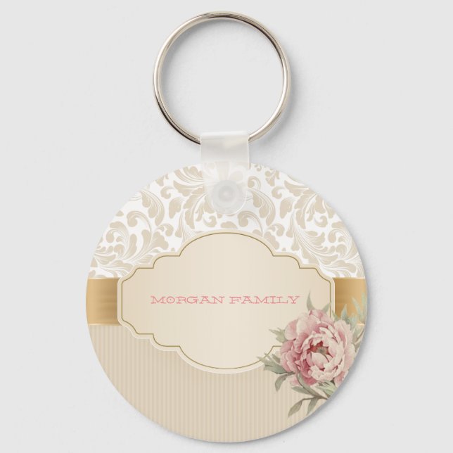 Porte-clés Élégant floral damassé de roses chic  (Recto)