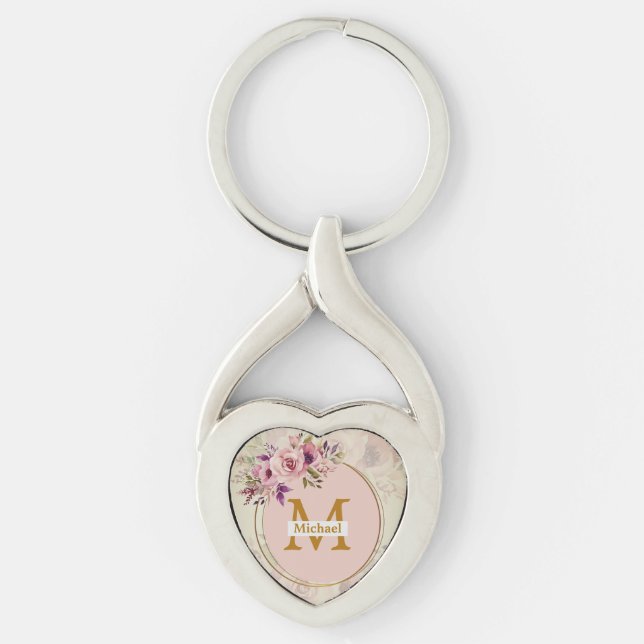 Porte-clés Elegant Floral Gold Monogram Heart, Name & Initial (Devant)