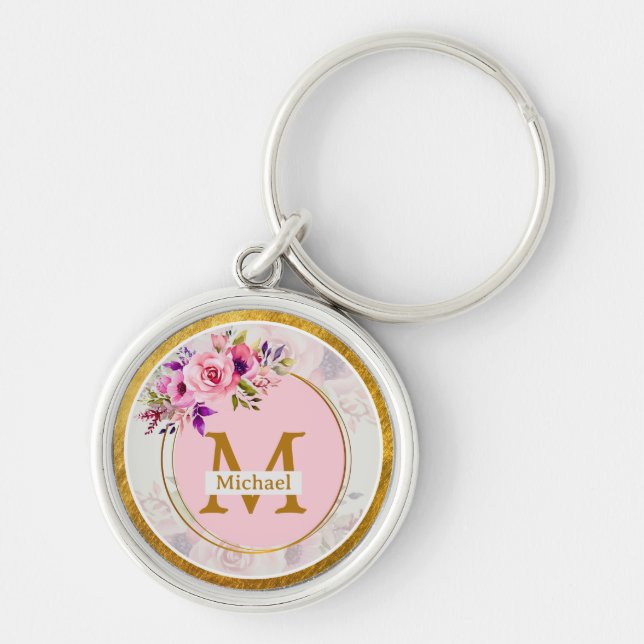Porte-clés Elegant Floral Gold Monogram | Name & Initial (Devant)