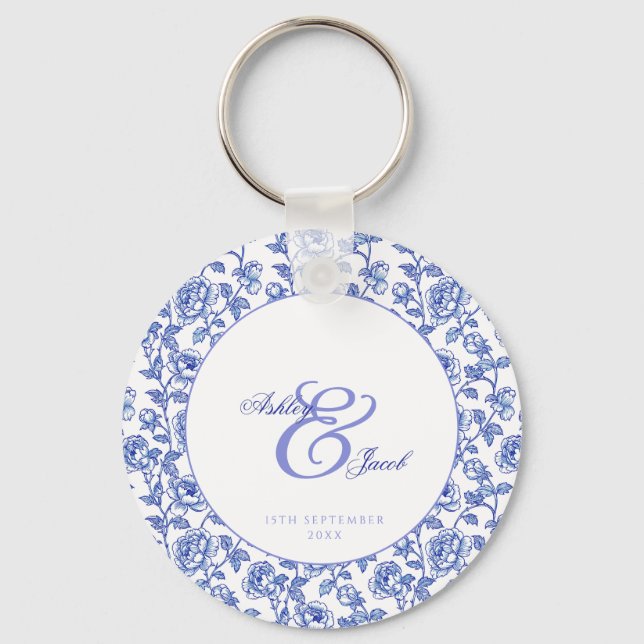 Porte-clés Élégant Mariage Floral Bleu (Recto)