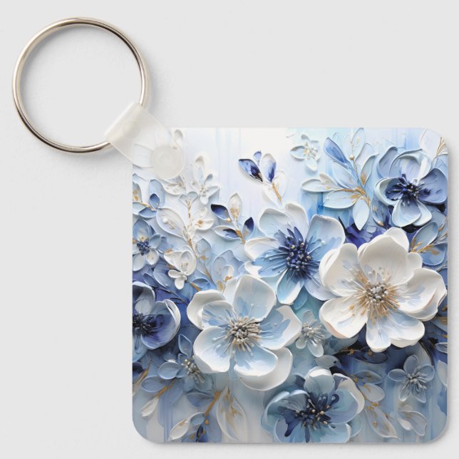 Porte-clés Élégant Moderne Botanique Florale Bleu Blanc (Recto)