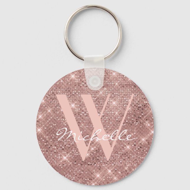 Porte-clés Élégant Monogram Rose Gold Parties scintillant Nom (Recto)