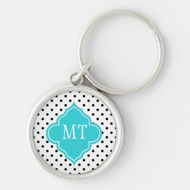 Porte-clés Élégant monogramme à pois noir et blanc modernes (Devant)