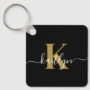 Porte-clés Élégant Monogramme Black Gold Script