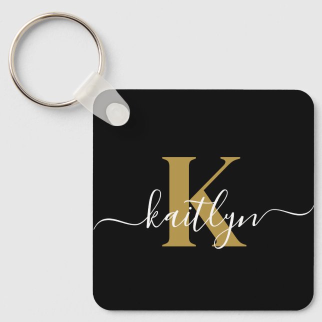 Porte-clés Élégant Monogramme Black Gold Script (Recto)