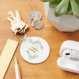 Porte-clés Élégant Monogramme de Feuillage Personnalisé en Or