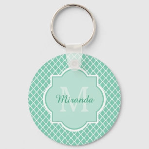 Porte-clés Élégant Monogramme De Quatrefoil Vert Mint Avec No