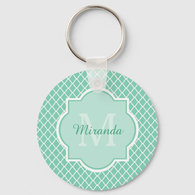 Porte-clés Élégant Monogramme De Quatrefoil Vert Mint Avec No (Recto)