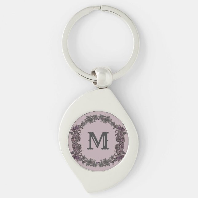 Porte-clés Élégant Monogramme encadré de violet et d'argent (Devant)