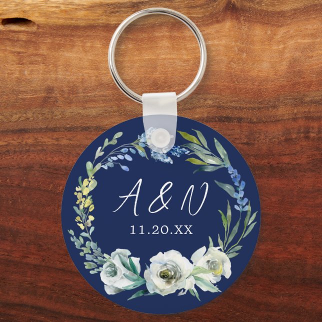Porte-clés Élégant Monogramme floral bleu marine Mariage d'hi (Recto)