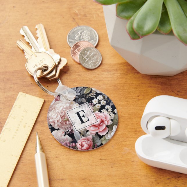 Porte-clés Élégant Monogramme floral gris rose (Bureau)
