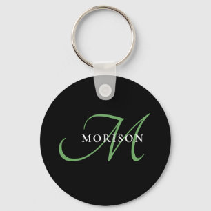 Porte-clés Élégant Monogramme moderne noir vert Script
