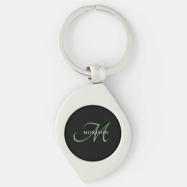 Porte-clés Élégant Monogramme moderne noir vert Script (Devant)
