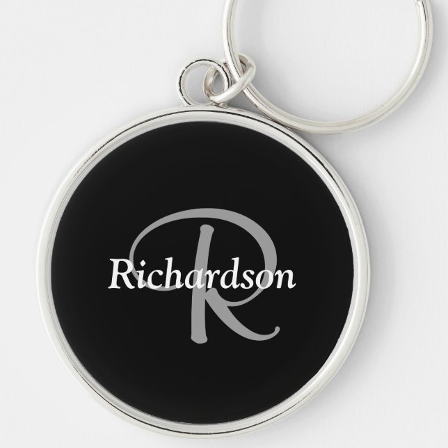 Porte-clés Élégant Monogramme Noir Blanc et Gris Argent (Devant)