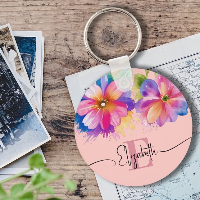 Porte-clés Élégant monogramme rose floral couleur aquarelle (Créateur téléchargé)