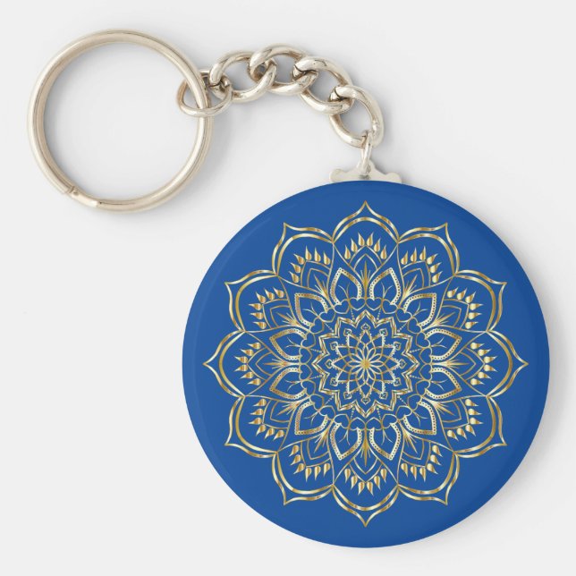 Porte-clés Élégant Motif de mandala bleu et or (Devant)