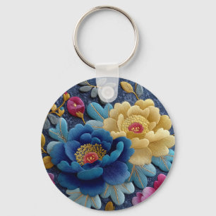 Porte-clés Élégant motif floral brodé, aspect pivoine vintage