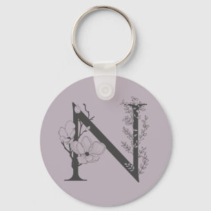 Porte-clés Élégant N Boho Floral Monogramme initial Lilac Gre