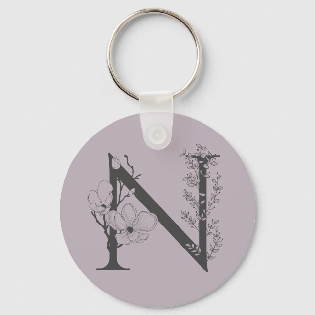 Porte-clés Élégant N Boho Floral Monogramme initial Lilac Gre (Recto)