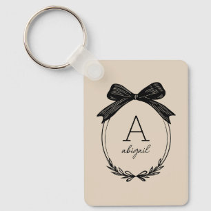 Porte-clés Élégant Nœud Noir Chic Coquette Beige Monogramme