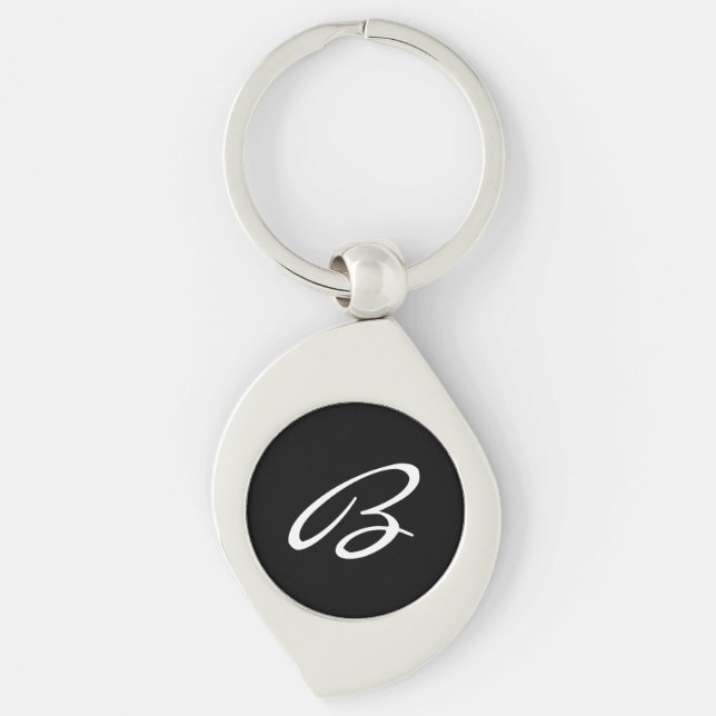 Porte-clés Élégant noir et blanc Script Monogramme Argent (Devant)