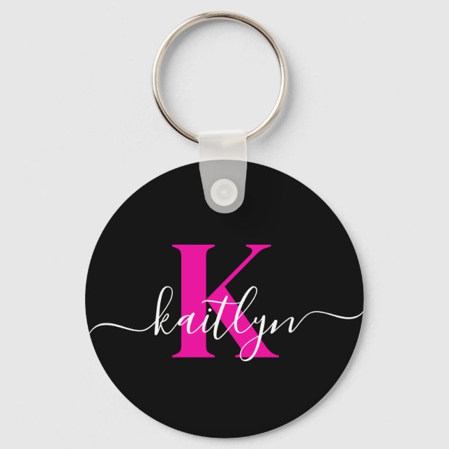 Porte-clés Élégant Noir Hot Rose Script Monogramme (Recto)