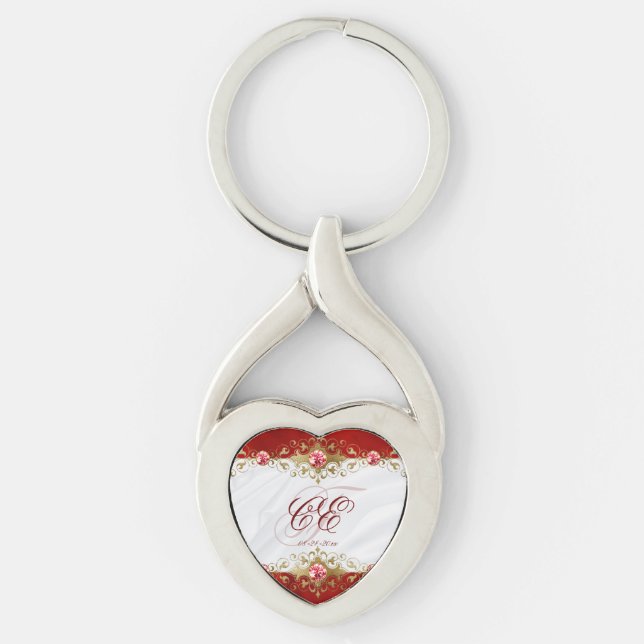 Porte-clés Élégant or rouge blanc Mariage Monogramme (Devant)