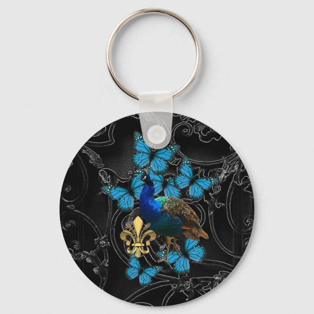 Porte-clés Elégant Peacock et papillons bleus sur noir (Recto)