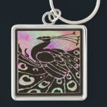 PORTE-CLÉS ÉLÉGANT PEACOCK NOIR EN PARKLES BLEU PURPLE<br><div class="desc">Elégant paon Art Nouveau en parties scintillant et scintillants noirs et roses.</div>