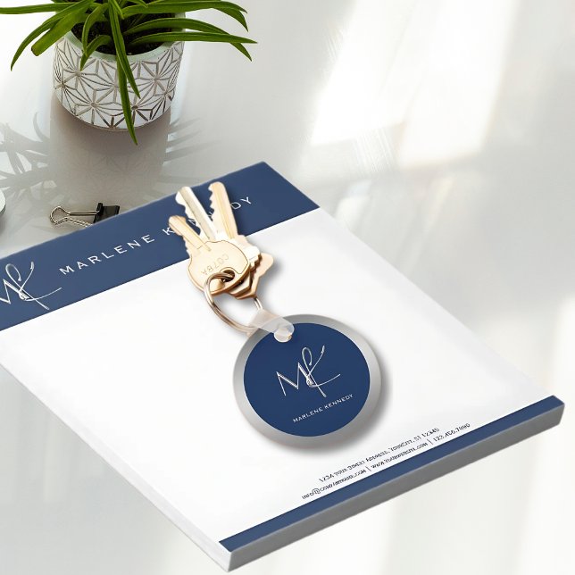 Porte-clés Élégant Personnalisé Argent Monogramme Marine Blue (Créateur téléchargé)