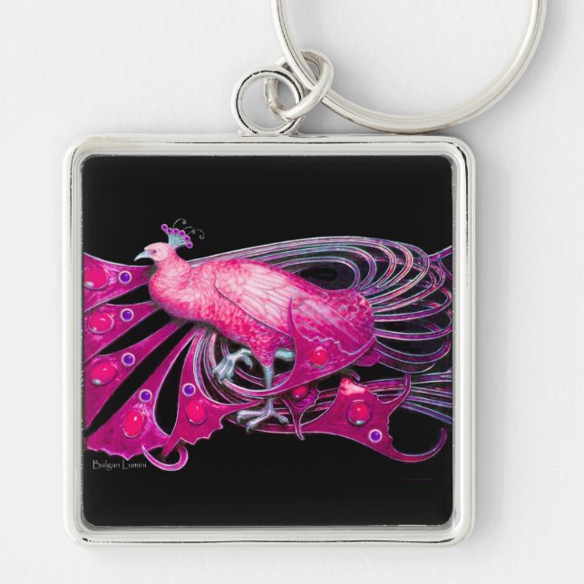 PORTE-CLÉS ÉLÉGANT PINK FUCHSIA PEACOCK EN NOIR (Devant)