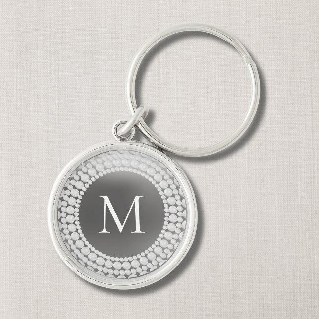 Porte-clés Élégant Porte - clé Monogramme moderne (Grey Modern Monogram with Pearl Print Design)