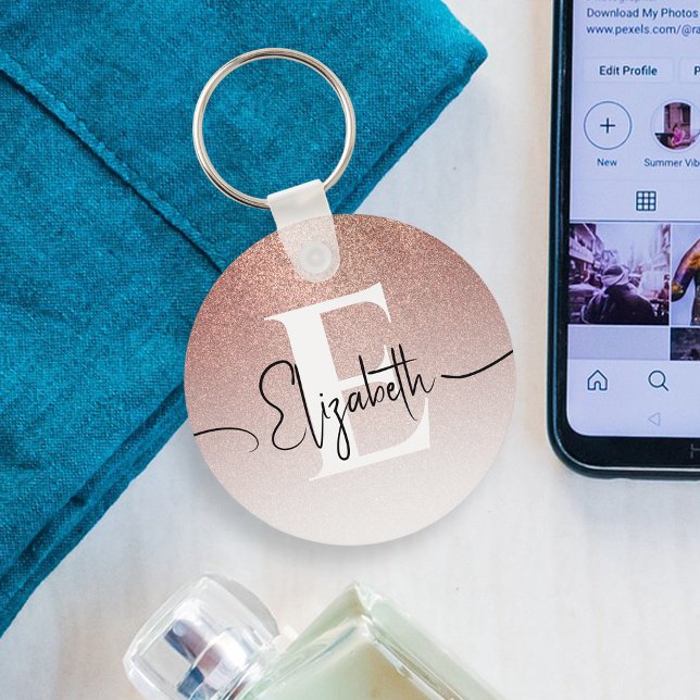 Porte-clés Élégant Rose  Parties scintillant or Monogramme bl (Créateur téléchargé)