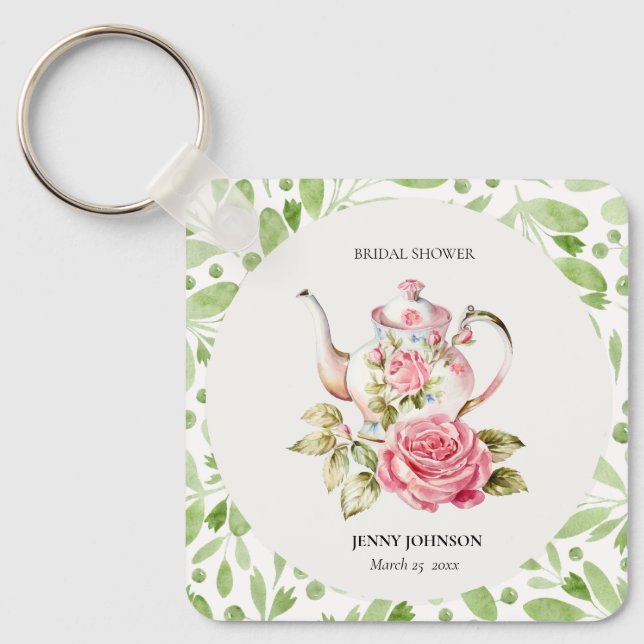 Porte-clés Elégant Rose Vert Floral Fleurs Mariage (Recto)