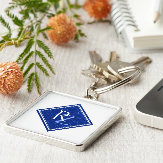 Porte-clés Elegant Royal Blue Marble Diamond Monogram (Côté)