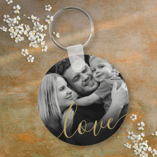 Porte-clés Élégant script doré amour photo noir et blanc