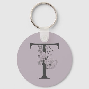 Porte-clés Élégant T Boho Floral Monogramme Initial Lilac Gri