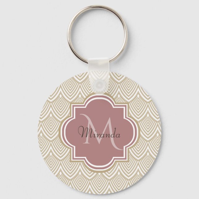 Porte-clés Élégant Tan Arched Scallops Mauve Monogramme Nom (Recto)