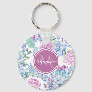 Porte-clés Élégant violet et bleu Succulent Floral avec nom