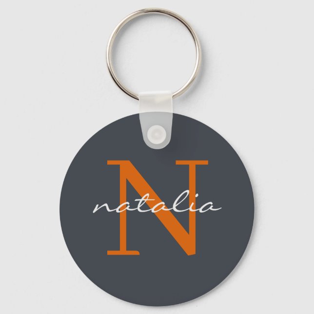 Porte-clés Élégante ardoise foncée avec orange monogramme (Recto)