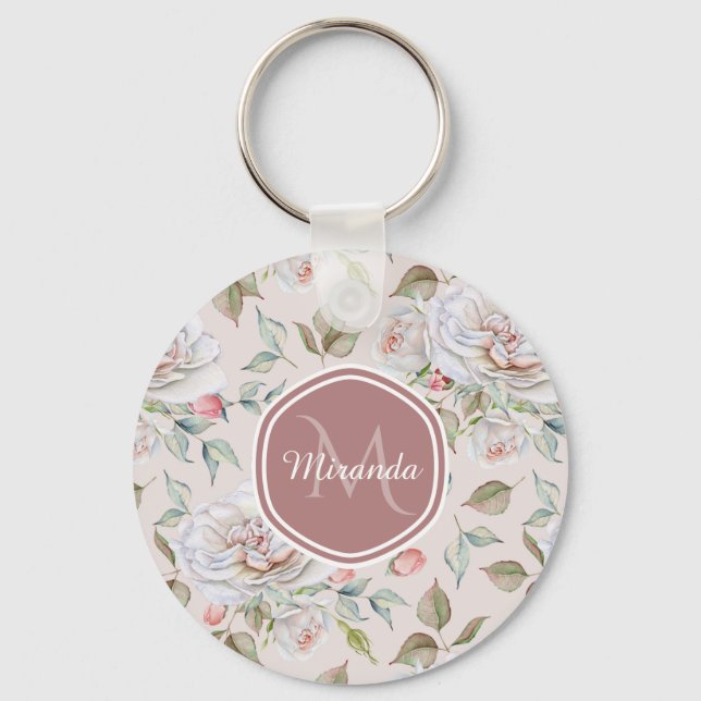 Porte-clés Élégante crème Rose Floral Monogramme et nom (Recto)