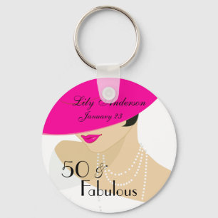 Porte-clés Elégante dame rétro 50 et fabuleuse perles roses