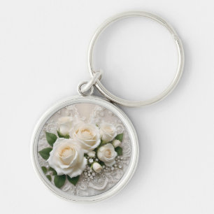 Porte-clés Elégante Dentelle Mariage Blanche Et Roses,