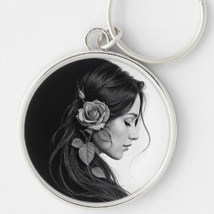 Porte-clés Elégante fille avec fleur en cheveux art moderne