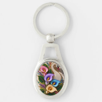 Porte-clés Élégante œuvre d'art florale au cygne perlé