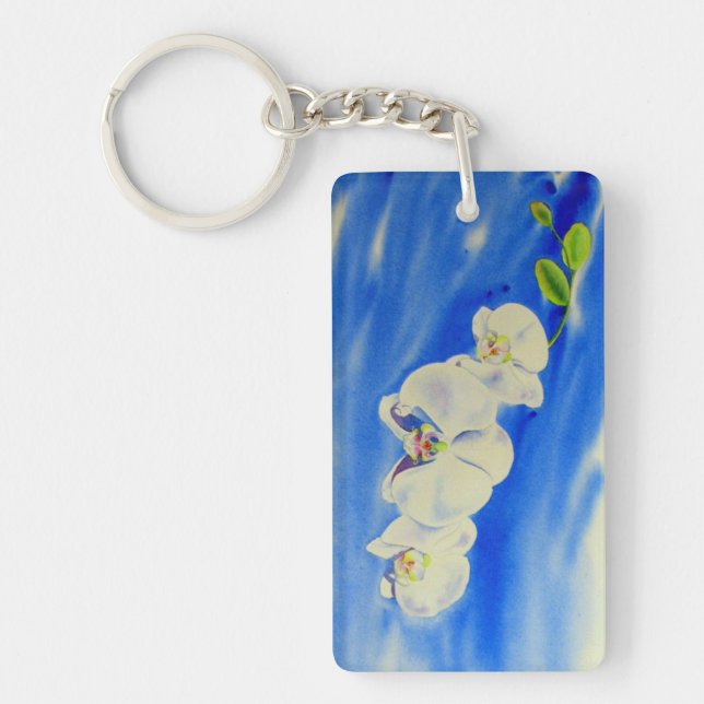 Porte-clés Elégante peinture à l'aquarelle d'orchidée blanche (Devant)